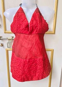 chatpata Red Beaded Halter Top