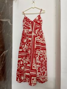 Boho Red & White Print Midi Dress