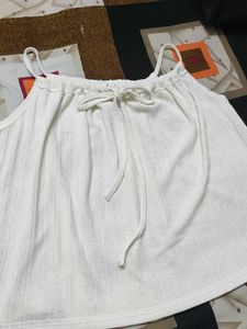 White Ribbed Cami Top with Drawstring