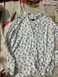 White Owl Print Button-Up Shirt