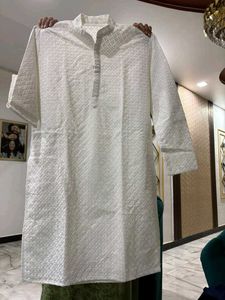 Men's White Chikankari Kurta and Pants Set