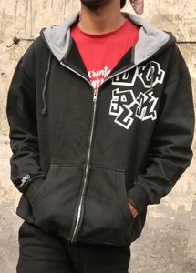 Over Size Black Graphic Zip-Up Hoodie