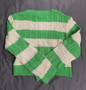 Green &amp; Cream Striped Cable Knit Sweater