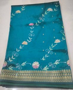 Teal Floral Silk Saree