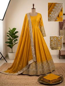 Exquisite Yellow Embroidered  gawn Set