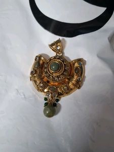 Designer Gold Tone Pendant with Green Stones