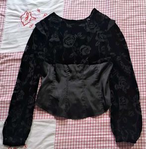 Black Velvet Floral Puff Sleeve Top