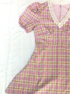 Pink Plaid Lace Trim Dress