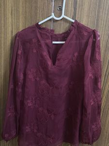Embroidered Sheer Maroon Top