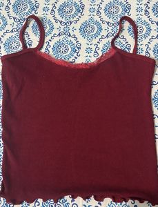 Maroon Ribbed Lace Trim Cami Top