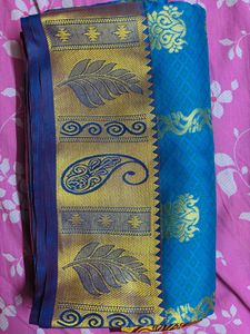 fixed  Blue Silk Saree with Gold Zari  pattu