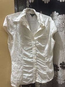 Chic White Ruched Button-Up Top