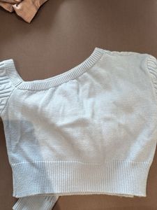 Light Blue Cable Knit Sweater off shoulder