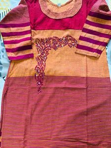 Embellished Orange and Red Striped Kurta