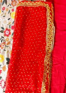 Stunning Red Sequinned Chunni with Gold Border
