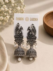 Oxidised Silver Peacock Jhumka Earrings