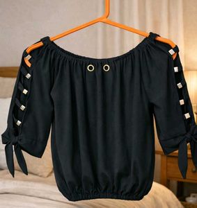 Off-Shoulder Black Lace-Up Sleeve Top