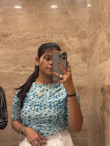 Blue Floral Ruched Puff Sleeve Top