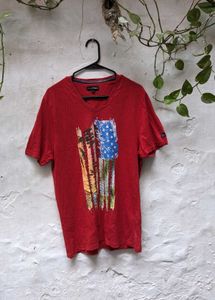 Men's Red V-Neck T-Shirt with American Flag Graphi