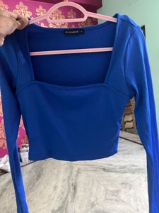 Blue Square Neck Long Sleeve Crop Top