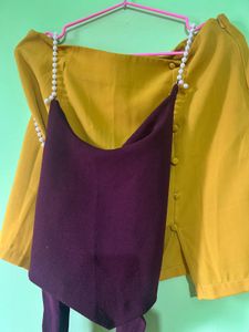 Maroon Crop Top with Pearl Straps and yellow mini