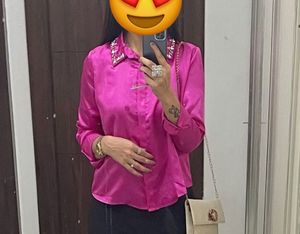 Stone Embellished Satin Pink Shirt