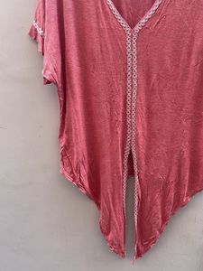 Women's Pink Lace Trim Tie-Front Top