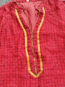 Red Printed Kurta with Yellow Neckline