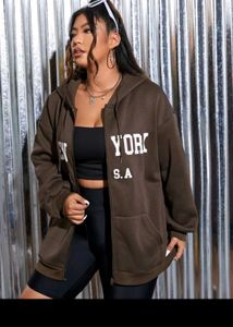 Oversized Brown "New York" Zip-Up Hoodie