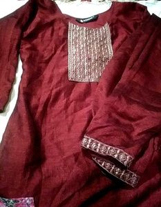 Maroon Kurta Set with Embellished Neckline