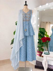 Blue Embroidered Kurta Set with Palazzo & Dupatta