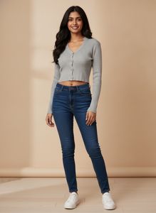 Grey Ribbed Button-Up Cropped Cardigan