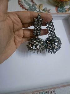 Very Smart Metal Jhumkas With Silver Stones