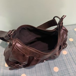 Brown Faux Leather Hobo Bag with Buckle Detail