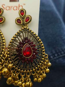 Boho Red Stone Jhumka Earrings Oxidized
