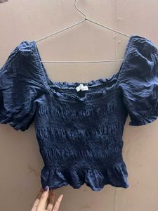 Chic Navy Smocked Puff Sleeve Top
