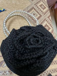 Elegant Black Textured Clutch Bag with Pearls