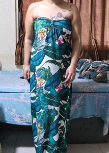 Tropical Print Strapless Maxi Dress