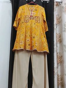 Yellow Embellished Kurta with Beige Palazzo