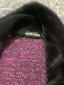 Purple Knit Cardigan with Faux Fur Collar