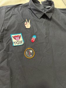 Black Patchwork Short Sleeve Button-Up