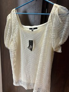 Off White Tshirt, Net Pattern, With Puff Sleeves