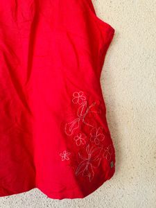 Vibrant Red Tank Top with Floral Embroidery