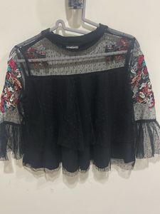 Nuon Sheer Embroidered Black Top