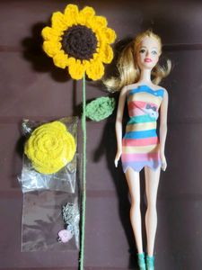 Doll + Crochet flowers + Necklace