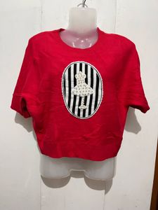 Red Short Sleeve Top with Embellishment