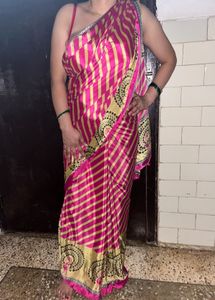 Vibrant Pink &amp; Gold Striped crepe Saree