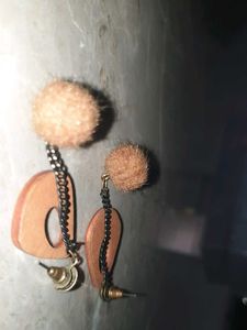 Wooden Teardrop Earrings with Pom Poms