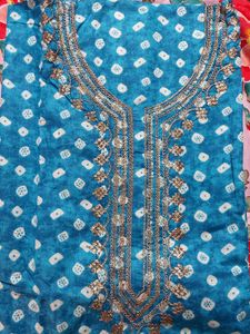 Blue Printed Kurta Set with Embellishment(unstitch