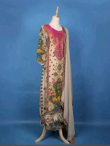 Beige And Pink Floral Printed Synthetic Suit Set